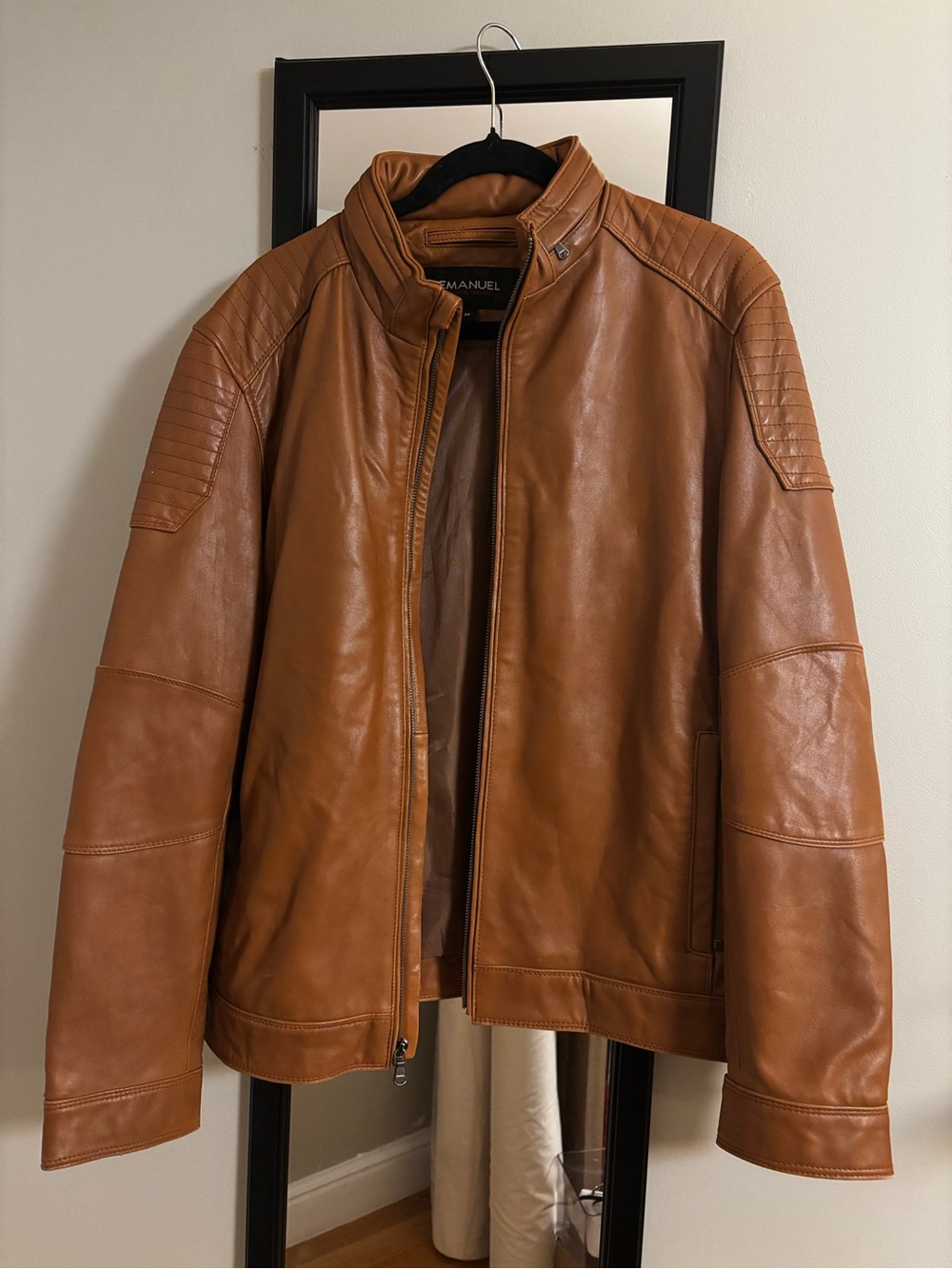 Emanuel Ungaro Tan Genuine Leather Bomber Jacket mock neck camel brown